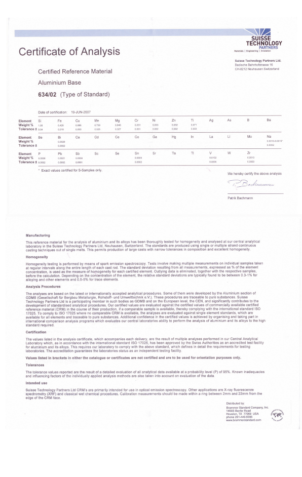 進口瑞士鋁業鋁合金光譜標樣 AL 634/02標樣證書 進口瑞士鋁業鋁合金光譜標樣 AL 634/02標樣證書